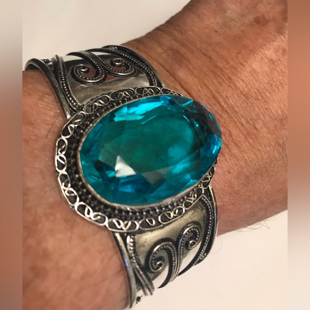 Blue Topaz Stamped 925 Sterling Silver Cuff Bracelet